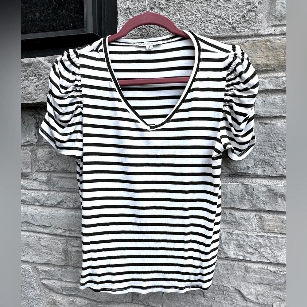 EUC - Army Green & White Striped Short Sleeved Puff T-Shirt - Size M